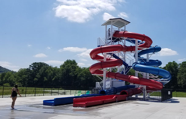 Pool and water slides at Adventure Bound Eagle Valley family camping resort in Sanders Kentucky